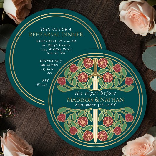 Invitation Épée florale dorée sarcelle Répétition de mariage