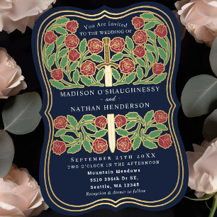 Invitation Épée florale médiévale royale bleue de mariage