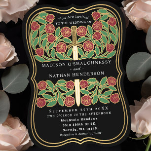 Invitation Épée florale médiévale royale noire pour mariage