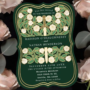 Invitation Épée florale médiévale royale verte Mariage Blanc