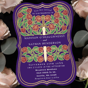 Invitation Épée florale médiévale royale violette de mariage