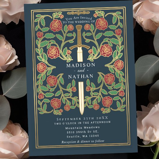 Invitation Épée grise florale mariage médiéval fantastique