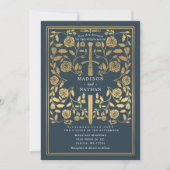 Invitation Épée Royale Médiévale Dorée Grise avec Code QR pou (Devant)