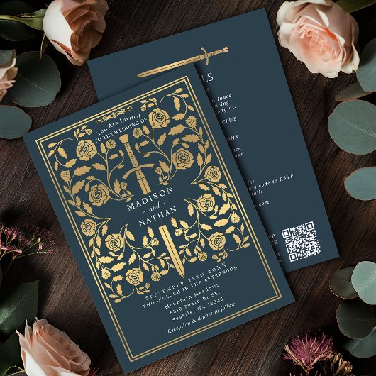 Invitation Épée Royale Médiévale Dorée Grise avec Code QR pou