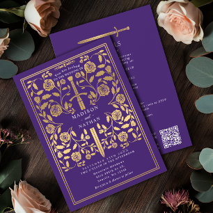 Invitation Épée Royale Médiévale Dorée Mariage Code QR