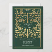 Invitation Épée Royale Médiévale Dorée Verte Code QR de Maria (Devant)