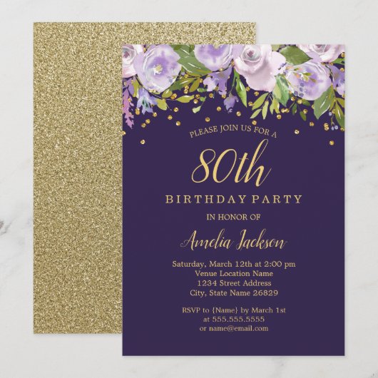 Invitation Éperche Floral Purple Gold 80e anniversaire Invita (Devant / Derrière)