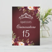 Invitation Éperche Tiara Silver Bourgogne Floral Quinceanera (Debout devant)