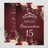 Invitation Éperche Tiara Silver Bourgogne Floral Quinceanera (Devant / Derrière)