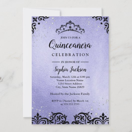 Invitation Éperche violette Tiara Damask Quinceanera (Devant)