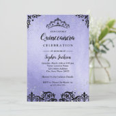 Invitation Éperche violette Tiara Damask Quinceanera (Debout devant)