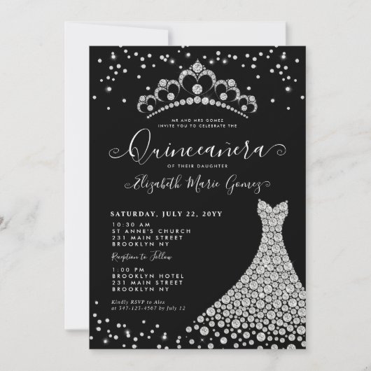 Invitation Épersion d'argent en diamant noir Tiara Quinceaner (Devant)