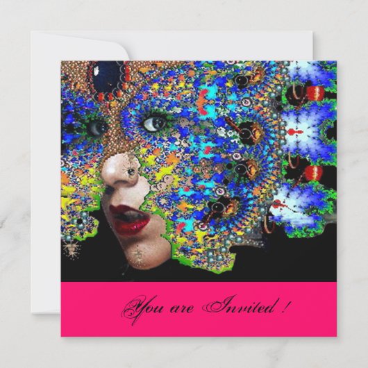 Invitation ÉPHÉMÈREBal masqué Mardi Gras,fuchsia noir (Devant)