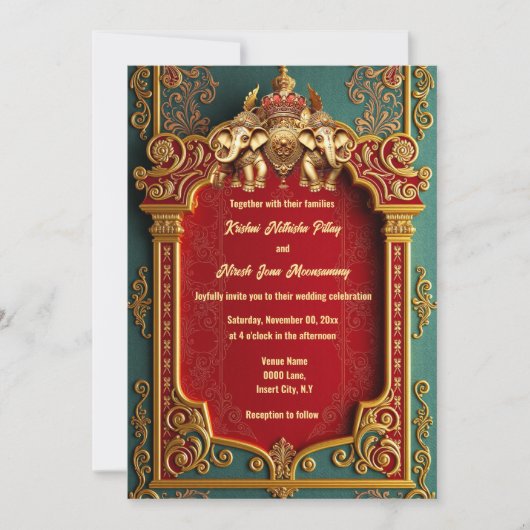 Invitation Éphiles indiens turquoise or bordeaux mariage roya (Devant)