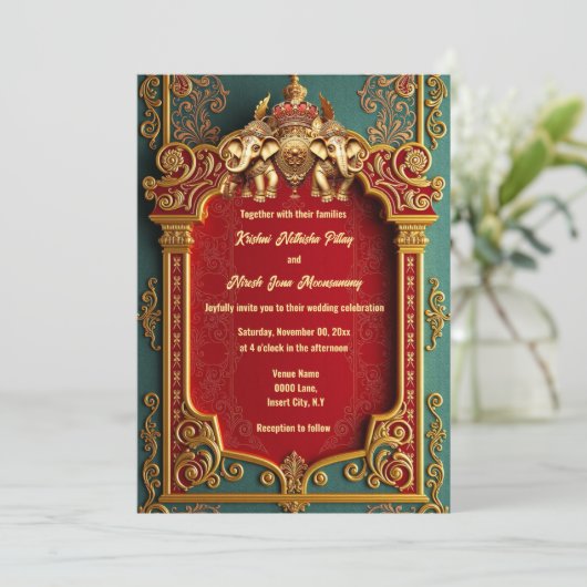 Invitation Éphiles indiens turquoise or bordeaux mariage roya (Debout devant)