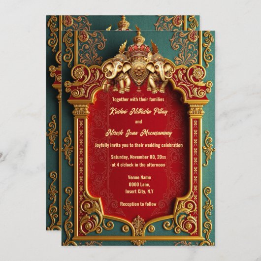 Invitation Éphiles indiens turquoise or bordeaux mariage roya (Devant / Derrière)