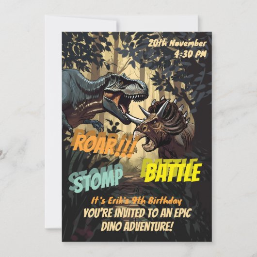 Invitation Epic Dinosaur Stomp, Roar et Bataille Anniversaire (Devant)