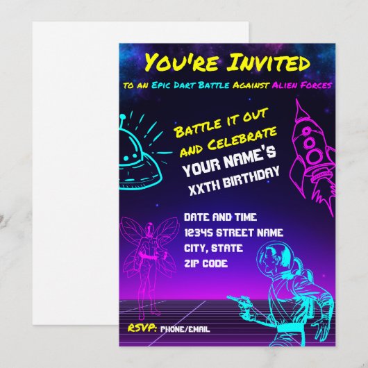 Invitation Epic Space Dart Blaster Anniversaire Fête Invitati (Devant / Derrière)