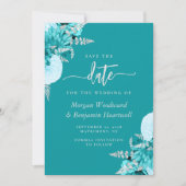 Invitation Épingle de mariage turquoise et argentée Fleurie S (Devant)