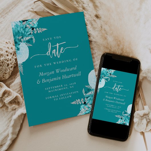 Invitation Épingle de mariage turquoise et argentée Fleurie S