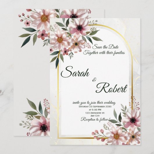 Invitation Épingle Rose Fleurie Douce Mariage Épingle de Date (Devant / Derrière)