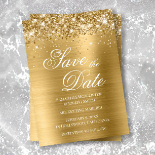 Invitation Épinglez Date de Mariage en Feuille d'Or Pailletée