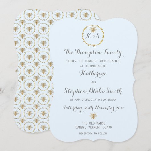 Invitation Épouser d'or d'abeilles de bleu et de feuille d'or (Devant / Derrière)
