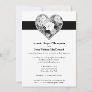 Invitation Épouser le coeur floral noir et blanc de