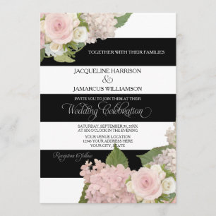 Invitation Épouser rose rayé blanc noir d'hortensias de n W