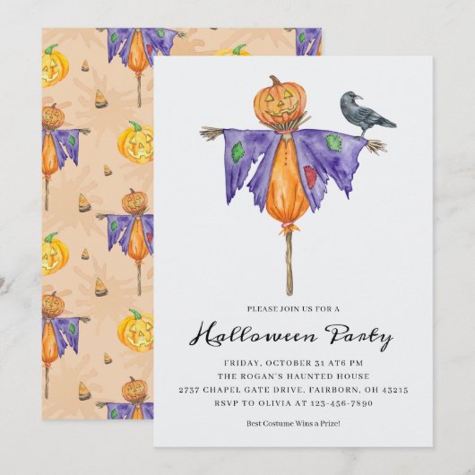 Invitation Épouvantail d'Halloween avec fête de citrouille (Devant / Derrière)