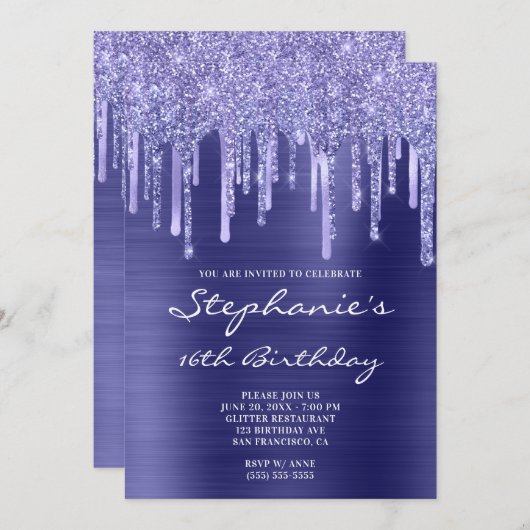 Invitation Épuration et Parties scintillant à périwinkle 16e  (Devant / Derrière)