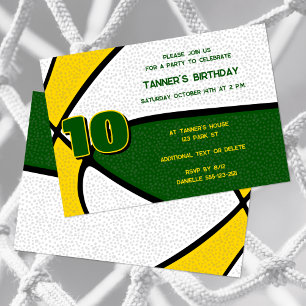 Invitation équipe d'or vert couleurs basket-ball anniversaire