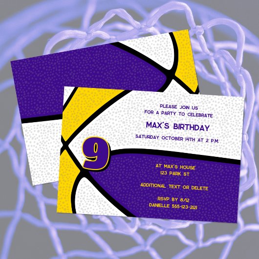 Invitation équipe d'or violet couleurs basket-ball anniversai