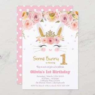 Invitation Ęr premier anniversaire de lapin mignon floral