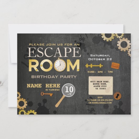 Invitation Escape Room Anniversaire Fête Clues Cogs Keys Phot (Devant)