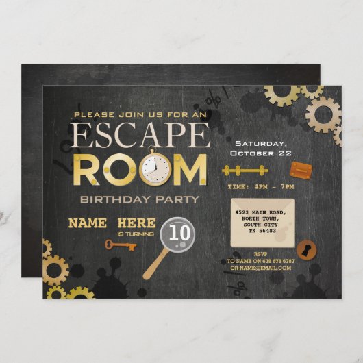 Invitation Escape Room Anniversaire Fête Clues Cogs Keys Phot (Devant / Derrière)