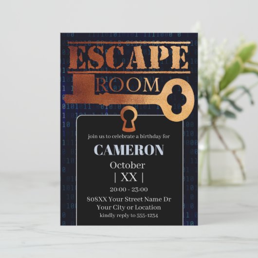 Invitation Escape Room Party Verrou et Clé Code Binaire Noir (Debout devant)