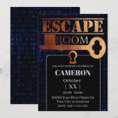 Invitation Escape Room Party Verrou et Clé Code Binaire Noir (Devant / Derrière)