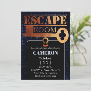 Invitation Escape Room Party Verrou et Clé Code Binaire Noir