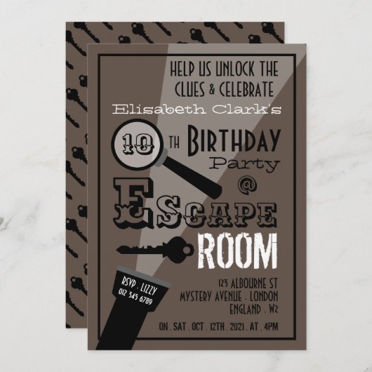 Invitation Escape Room, Soirée d'Anniversaire (Devant / Derrière)