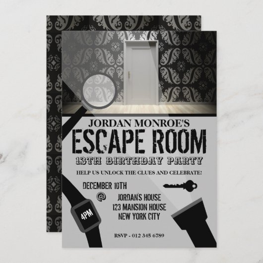 Invitation Escape Room, Soirée d'anniversaire à motif (Devant / Derrière)