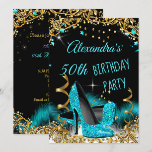 Invitation Escarpins Bleu Canard Pailletés Or Fête d'Annivers