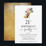 Invitation Escarpins dorés à motifs floraux élégants pour 21e<br><div class="desc">Carton d'invitation pour une fête d'anniversaire de 21 ans "Modern Elegant Gold Tropical Floral Gold High Heels" avec notre magnifique escarpin doré à paillettes en aquarelle entouré de fleurs tropicales roses et vertes. Le fond est un lavis doré luxueux en aquarelle. Facile à personnaliser avec vos informations pour un carton...</div>