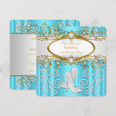 Invitation Escarpins perlés blancs or et turquoise pour fête  (Devant / Derrière)