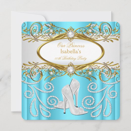 Invitation Escarpins perlés blancs or et turquoise pour fête  (Devant)