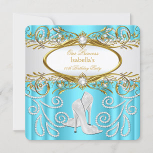 Invitation Escarpins perlés blancs or et turquoise pour fête