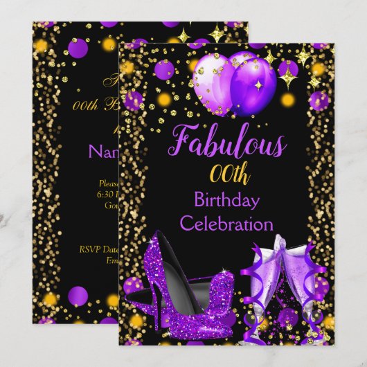 Invitation Escarpins Violets Ballons Dorés Soirée Champagne (Devant / Derrière)
