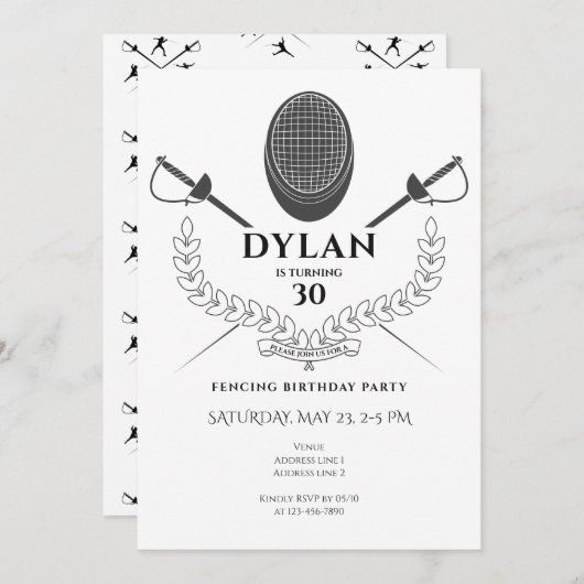 Invitation Escrime fête d'anniversaire Foil Épée Saber Tourno (Devant / Derrière)