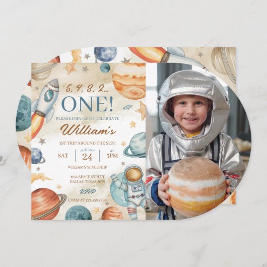 Invitation Espace 1er anniversaire photo (Devant / Derrière)