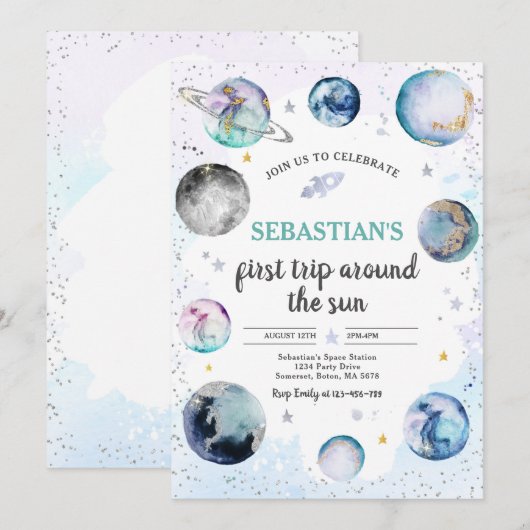 Invitation Espace Anniversaire Premier Voyage Autour Du Solei (Devant / Derrière)